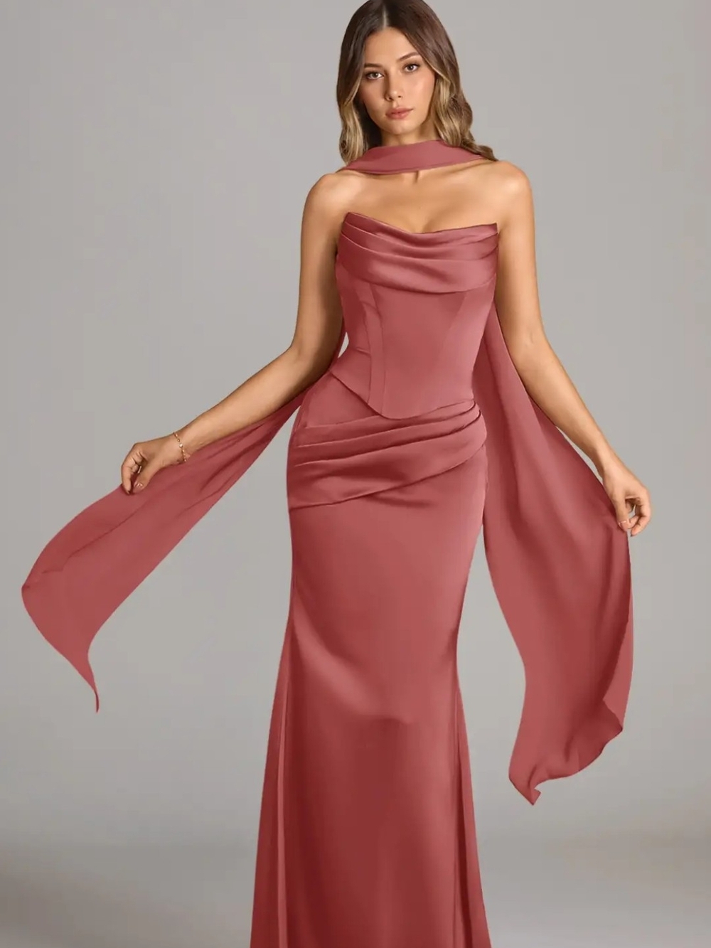 Azarie Strapless Rose Dust Evening Gown with Draped Shawl